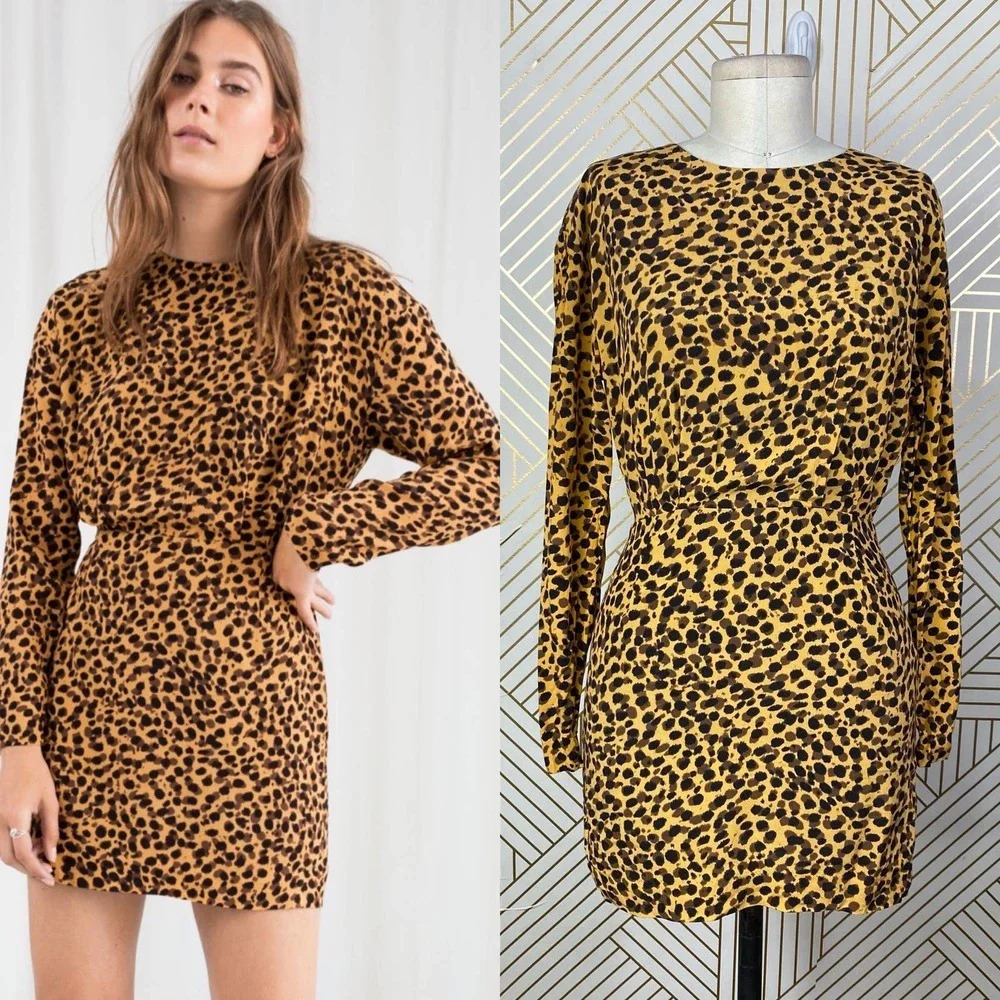 & Other Stories Dress Long Sleeve Mini Bodycon Leopard Print Brown Size US 0